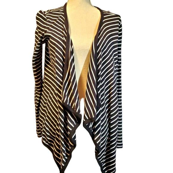 Talbots Black White Stripe Cardigan Sweater Open Front Size S Flyaway Cotton - Picture 1 of 9